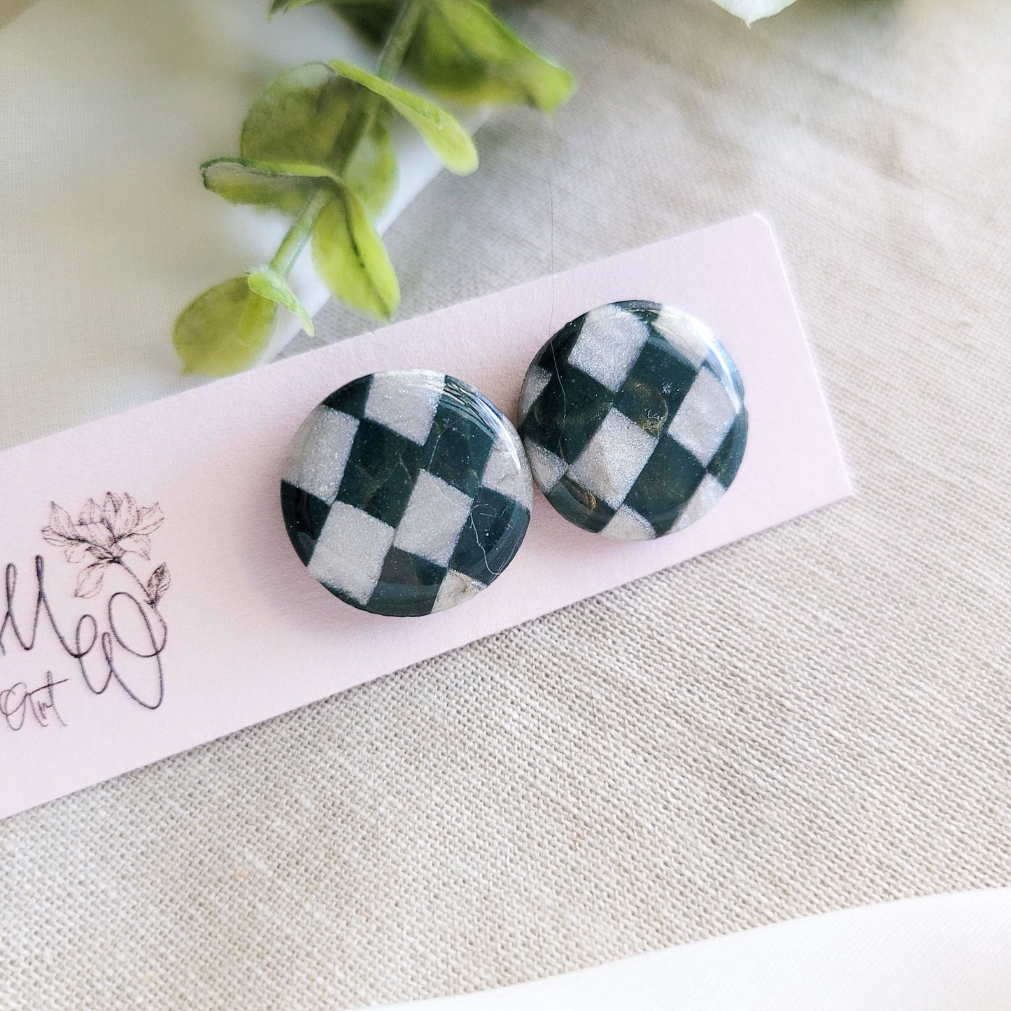 Green and White Checkered Statement stud