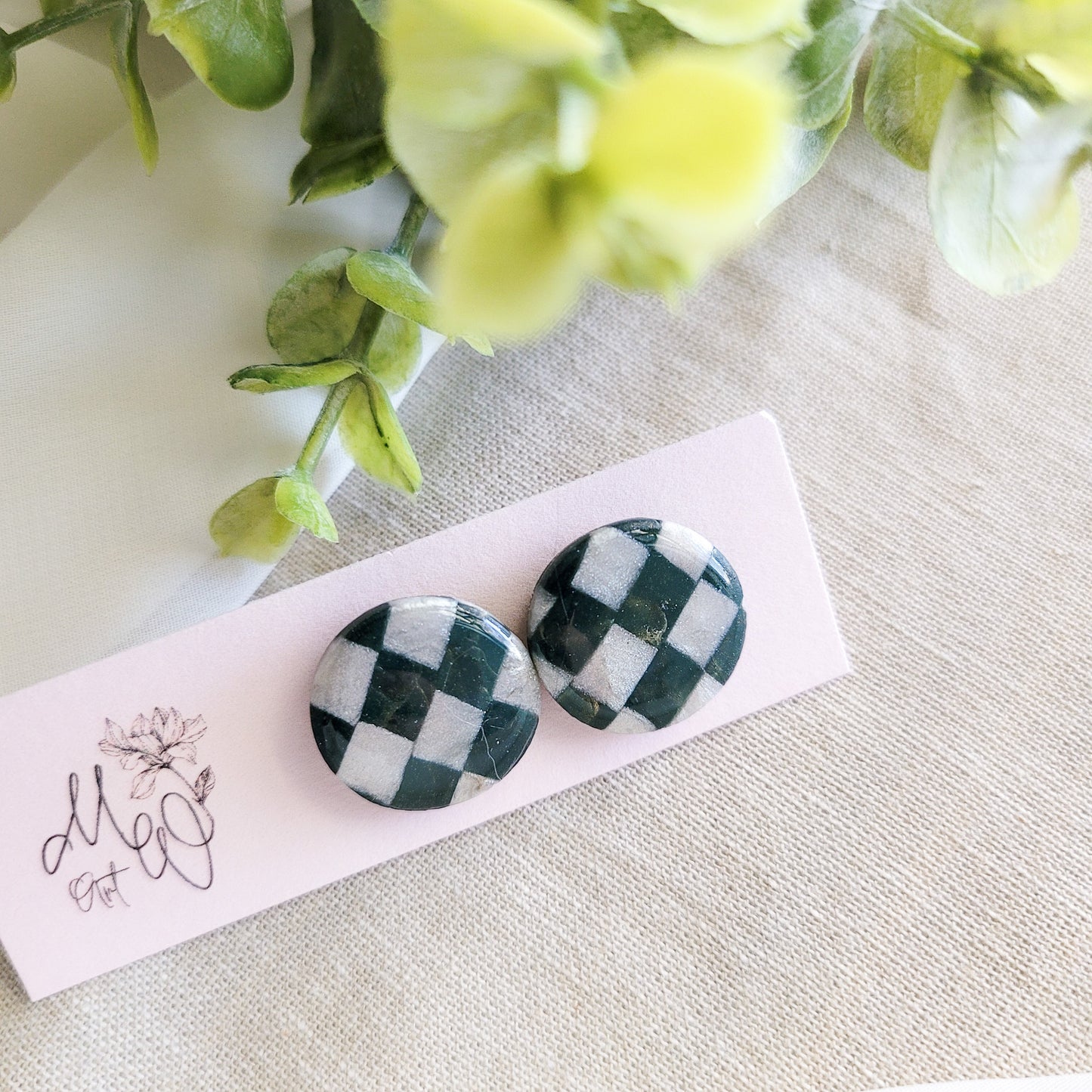 Green and White Checkered Statement stud